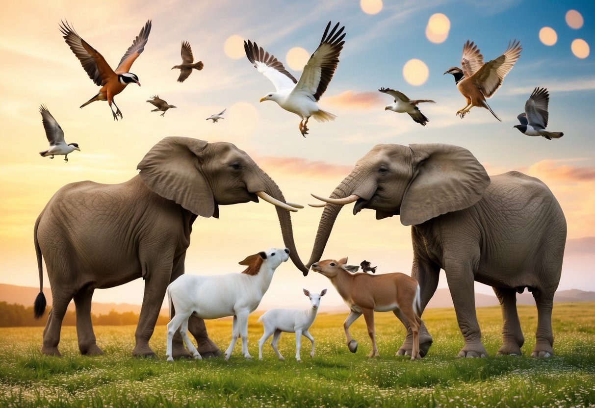 A variety of animals peacefully coexist in a heavenly landscape, engaging in harmonious communication