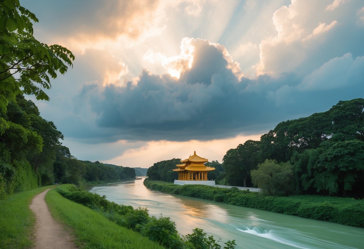 A serene, golden gate in the clouds, surrounded by lush greenery and a peaceful, flowing river