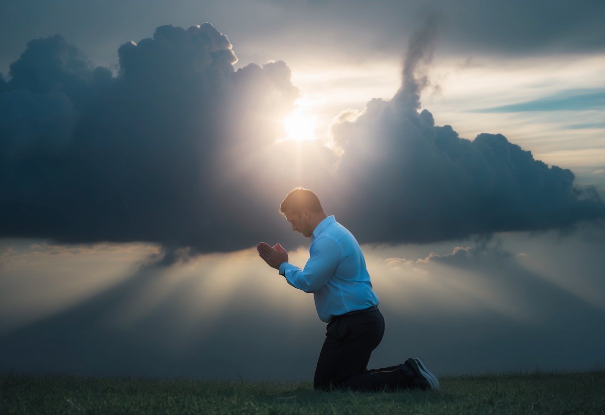A person kneeling in prayer, surrounded by dark clouds and a faint, distant light symbolizing hope and forgiveness