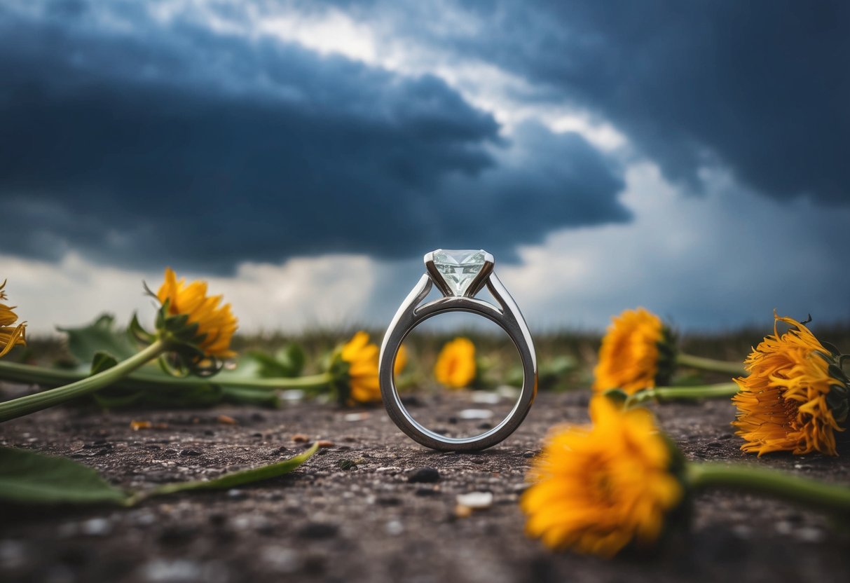 A broken wedding ring lying on the ground, surrounded by wilted flowers and a stormy sky overhead