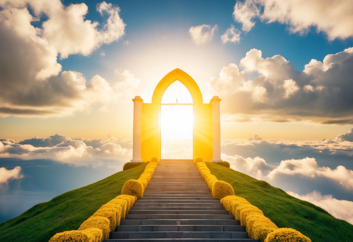 A serene landscape with a staircase leading up to a bright, heavenly gate, surrounded by fluffy clouds and golden light