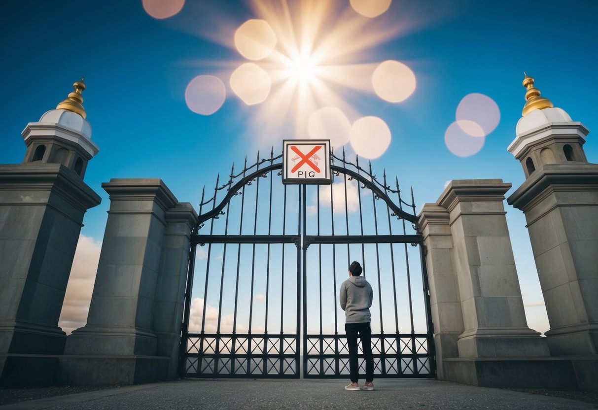 A heavenly gate with a sign showing a crossed-out pig, while a person looks up in contemplation