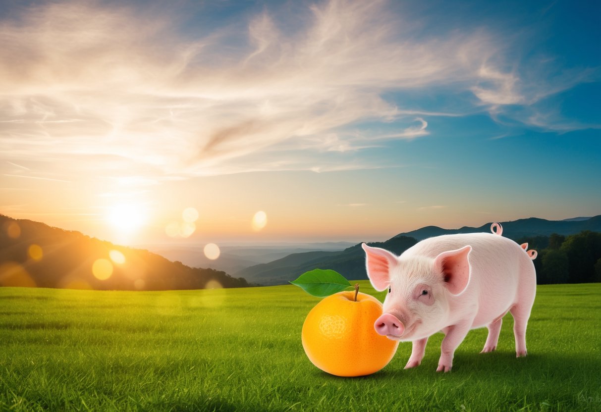 A serene, heavenly landscape with a pig and a forbidden fruit, symbolizing the dilemma of clean and unclean foods in relation to entering heaven