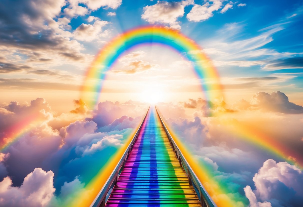 A colorful rainbow bridge leads to a heavenly realm filled with vibrant clouds and celestial light