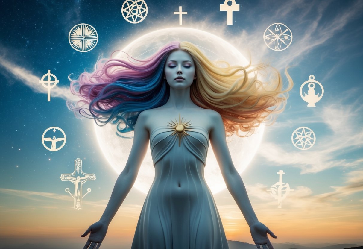 A serene, ethereal figure with flowing, multicolored hair stands beneath a celestial sky, surrounded by symbols of various religious beliefs