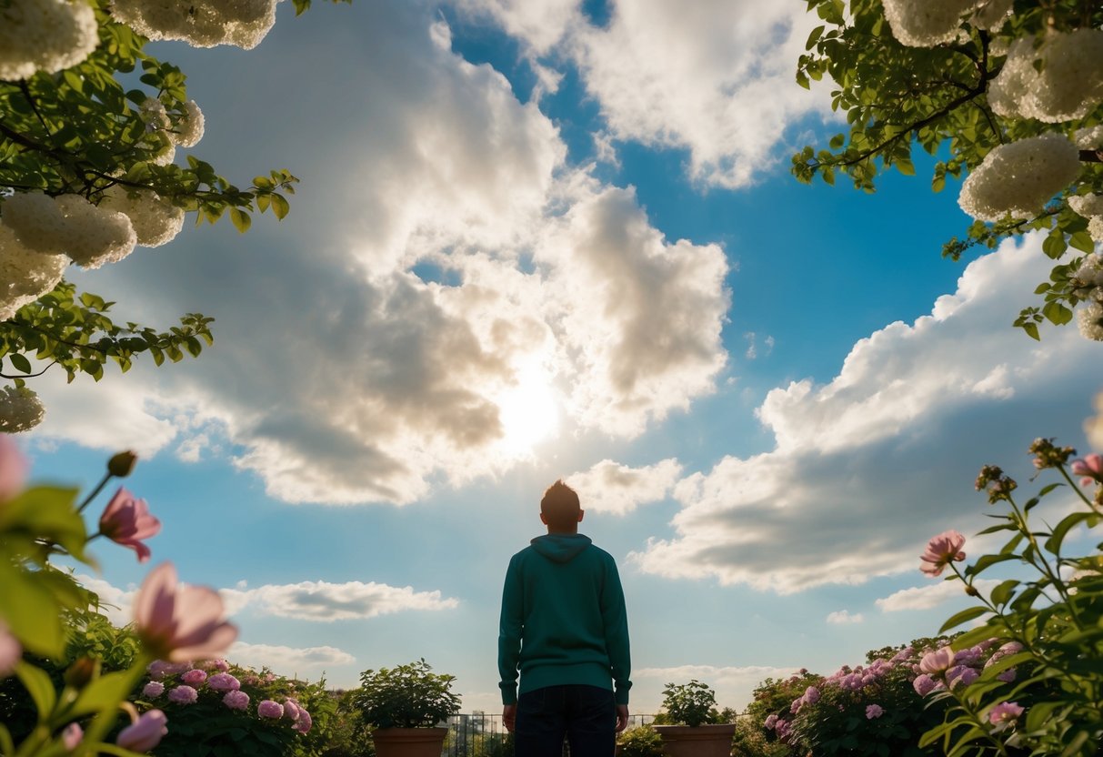A serene garden with a figure looking up at a sky filled with clouds and sunlight, surrounded by blooming flowers and a sense of tranquility