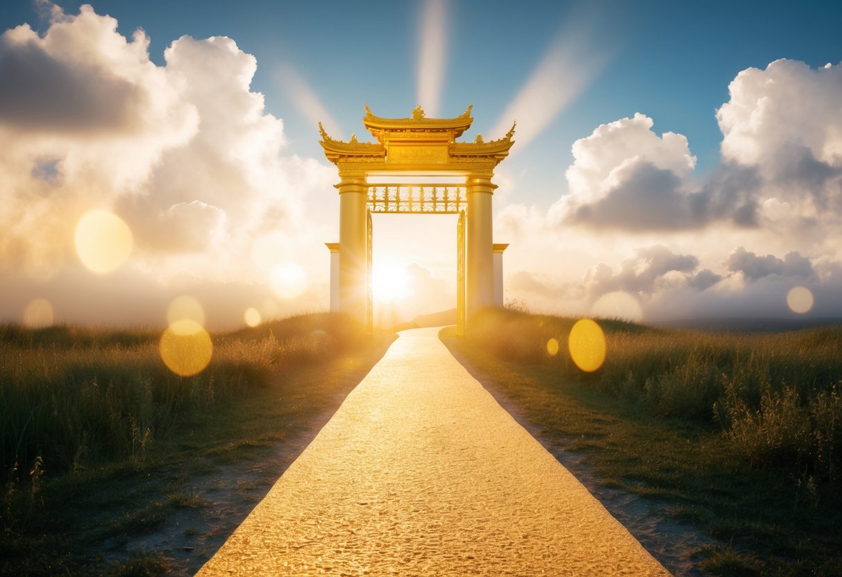A serene landscape with a golden gate and a glowing path leading up to it, surrounded by fluffy clouds and radiant light