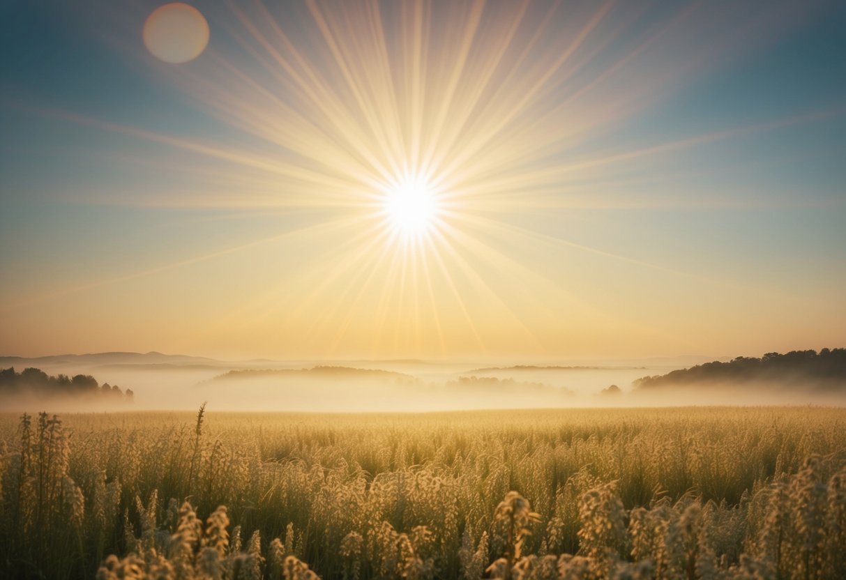 A serene, ethereal landscape with a radiant, golden light shining down from the heavens, surrounded by a sense of peace and tranquility