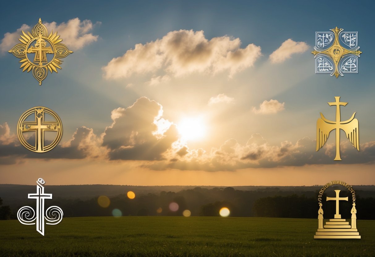 A serene landscape with a golden sun shining through fluffy clouds, surrounded by symbols of different faith traditions