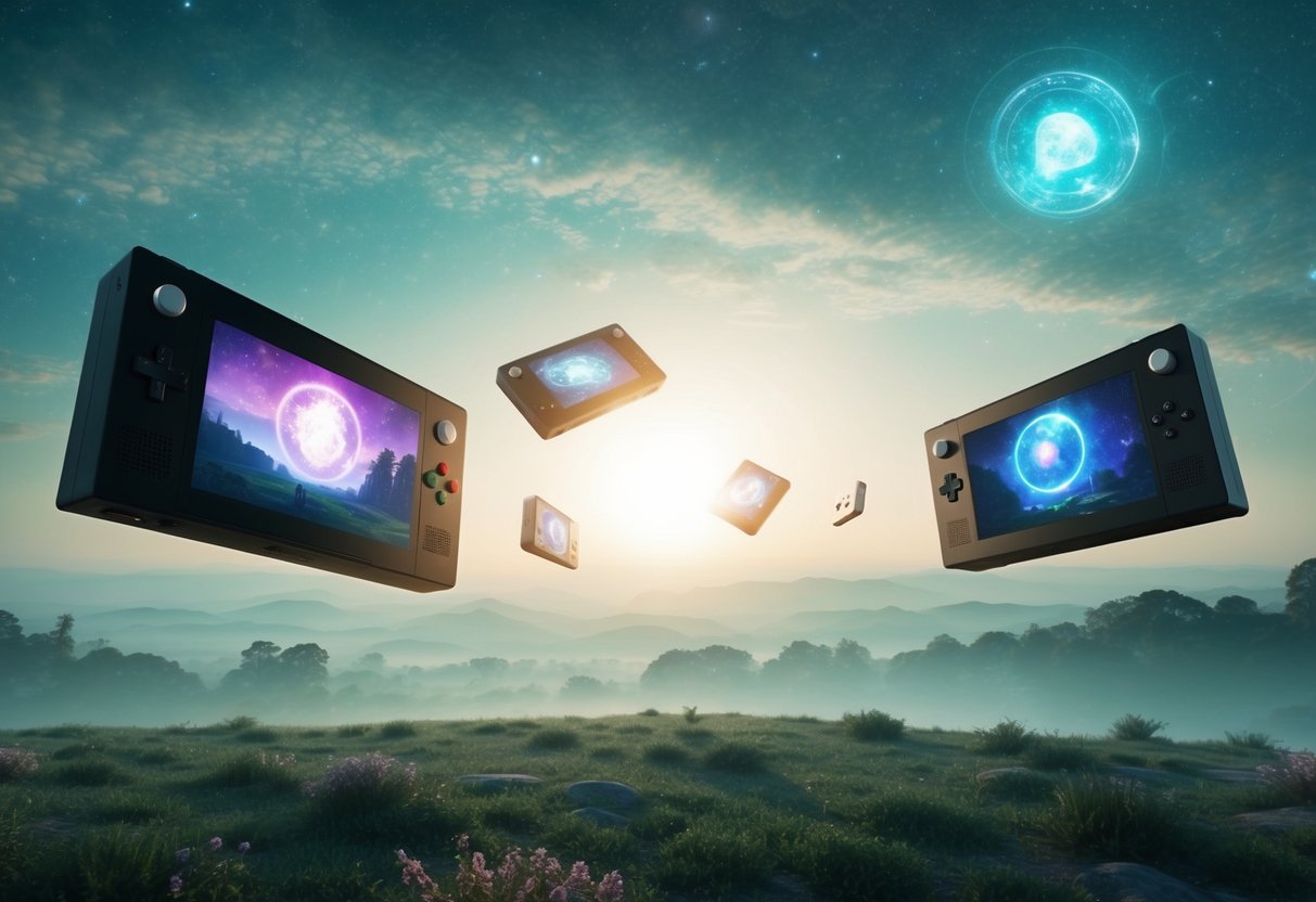 A serene, otherworldly landscape with ethereal light and floating consoles displaying celestial video games