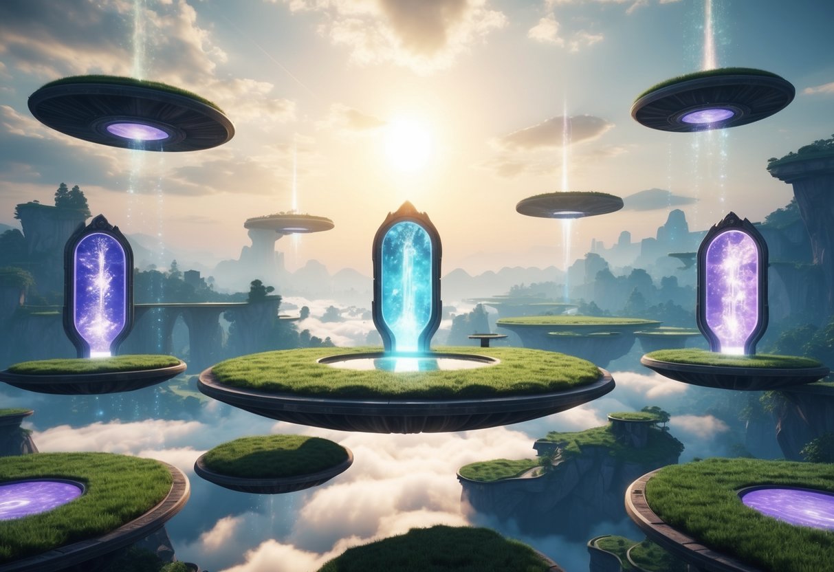 A serene, heavenly landscape with floating platforms and shimmering portals leading to different video game worlds