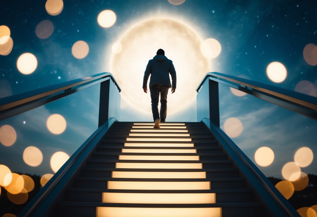 A figure ascending a staircase of light towards a glowing, celestial realm