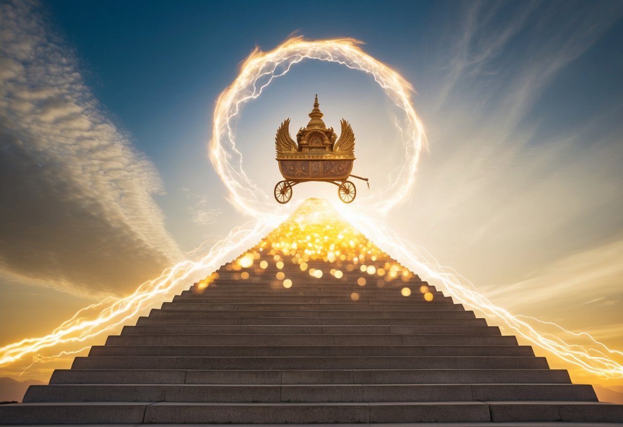 Elisha's chariot ascends into the sky, surrounded by a whirlwind of light and energy