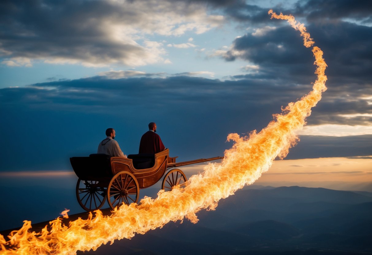 A chariot of fire ascends into the sky, leaving behind a prophet's cloak