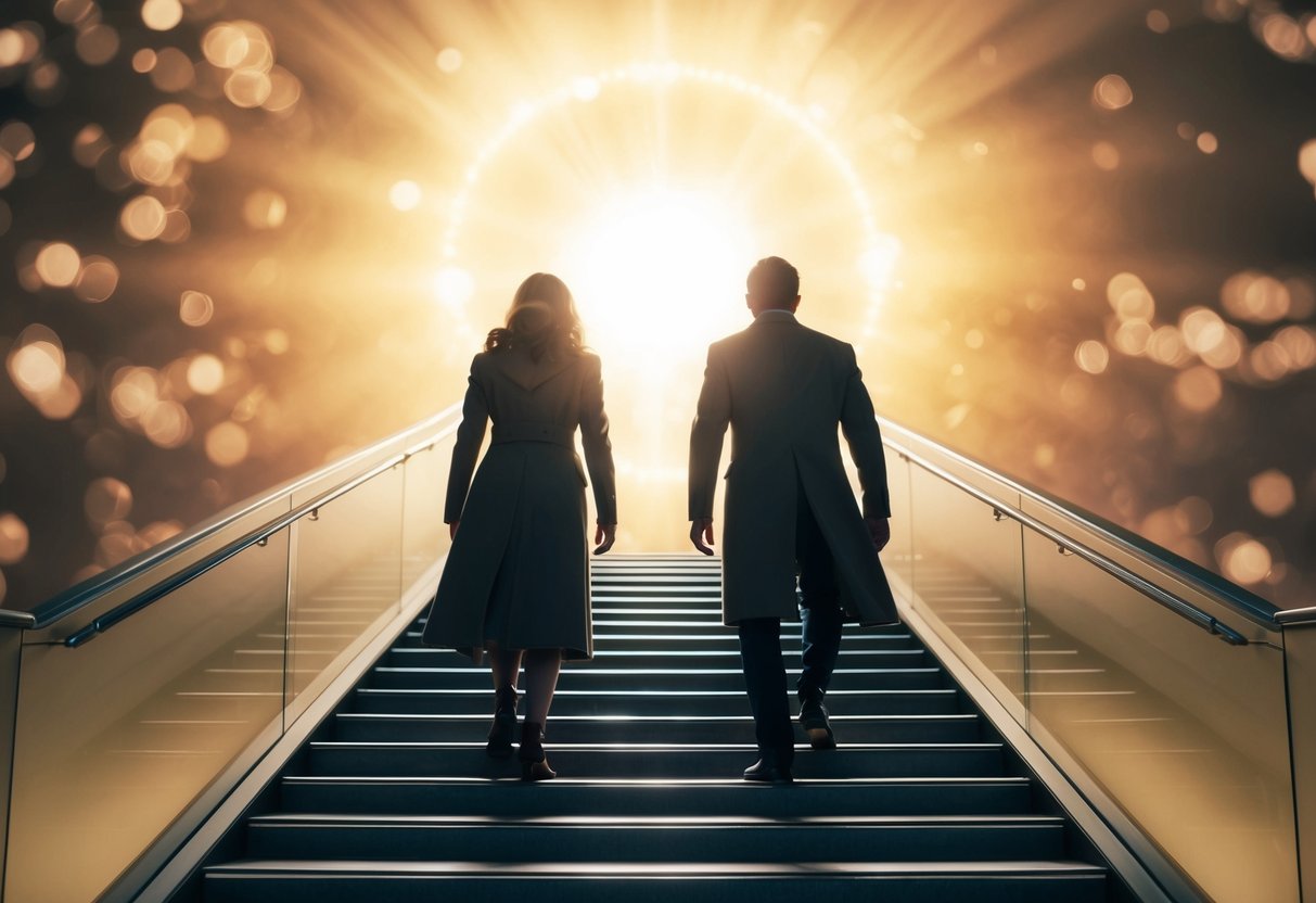 Two figures ascend a radiant staircase toward a glowing, celestial realm
