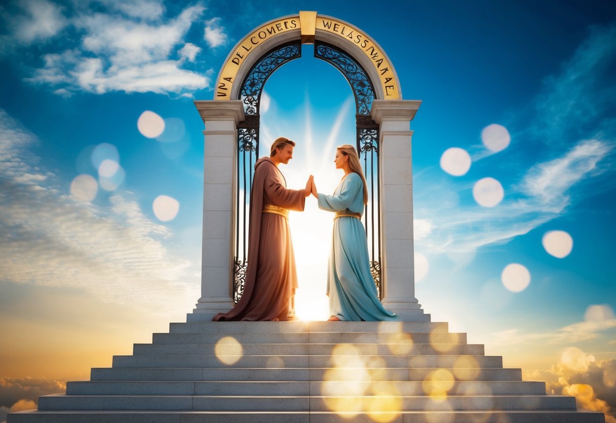 Two figures ascending to a heavenly gate, with one being welcomed and the other being turned away