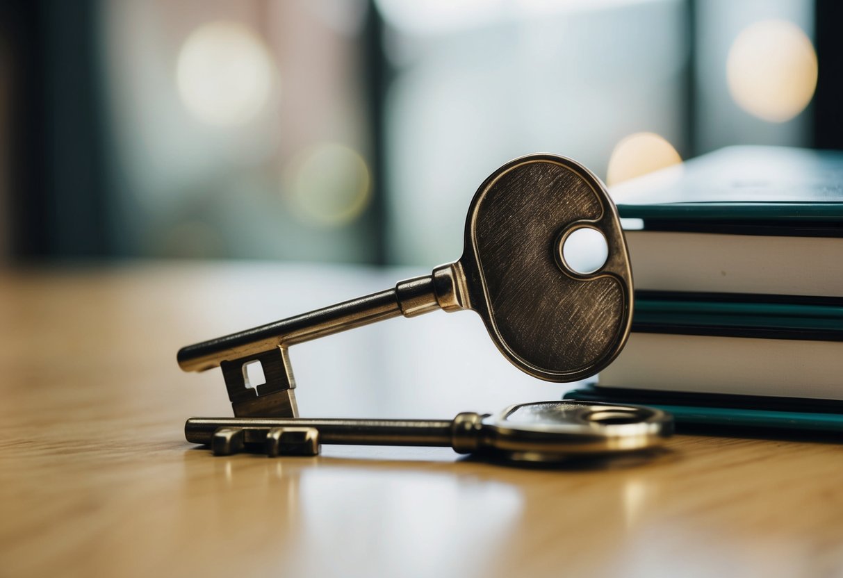 A pair of crossed keys, one tarnished and one gleaming, rest on a table beside a stack of criminal profiles