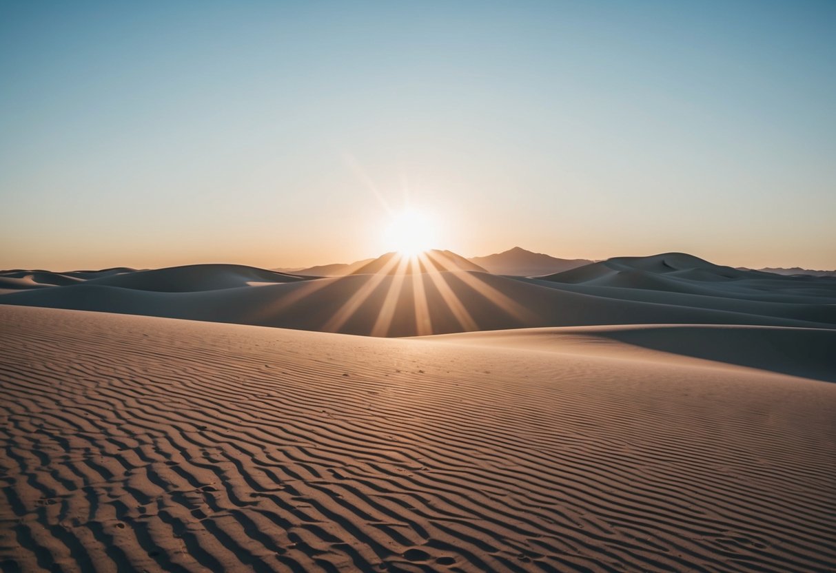 A peaceful desert landscape with a clear blue sky and a radiant sun