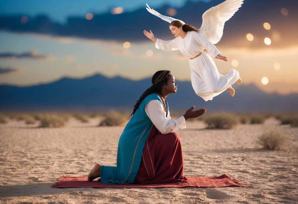 Hagar kneeling in the desert, an angel appearing with a promise