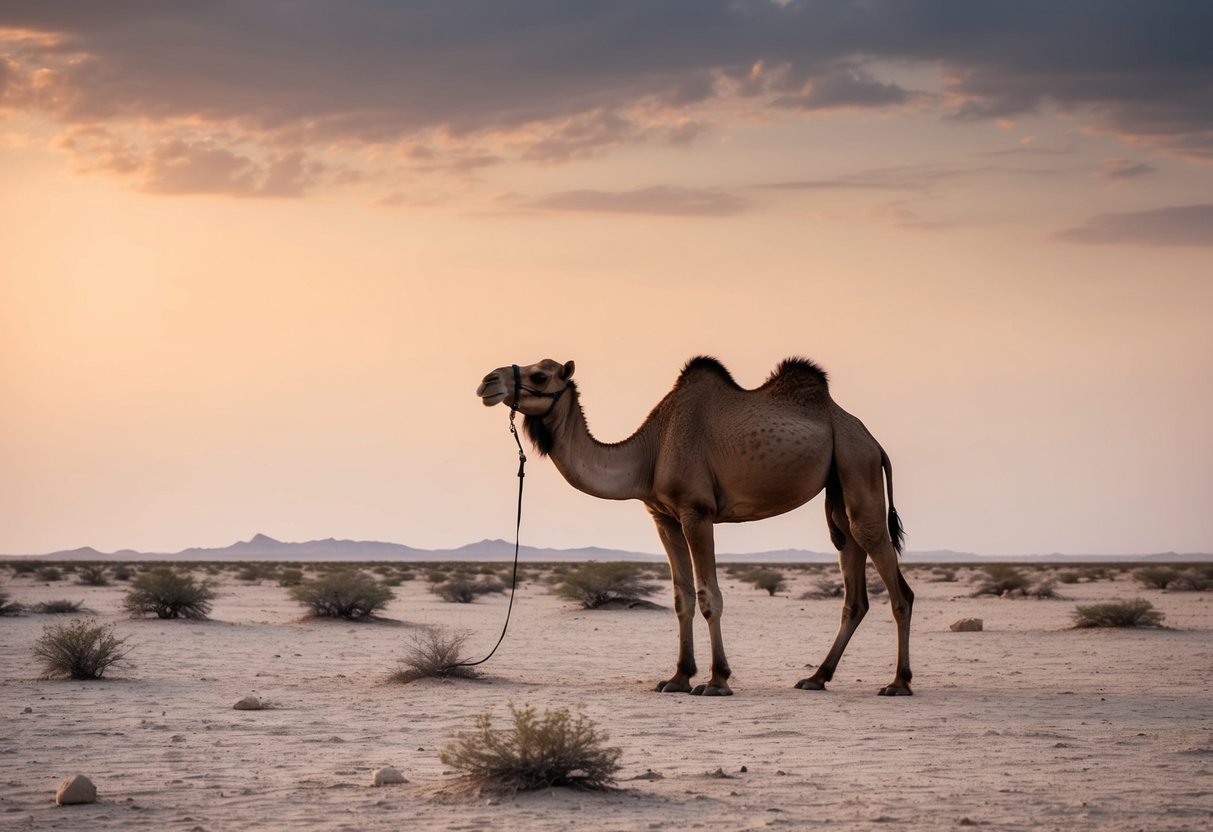 A barren desert landscape with a solitary, majestic camel standing proudly amidst the harsh terrain, symbolizing Hagar's strength and resilience
