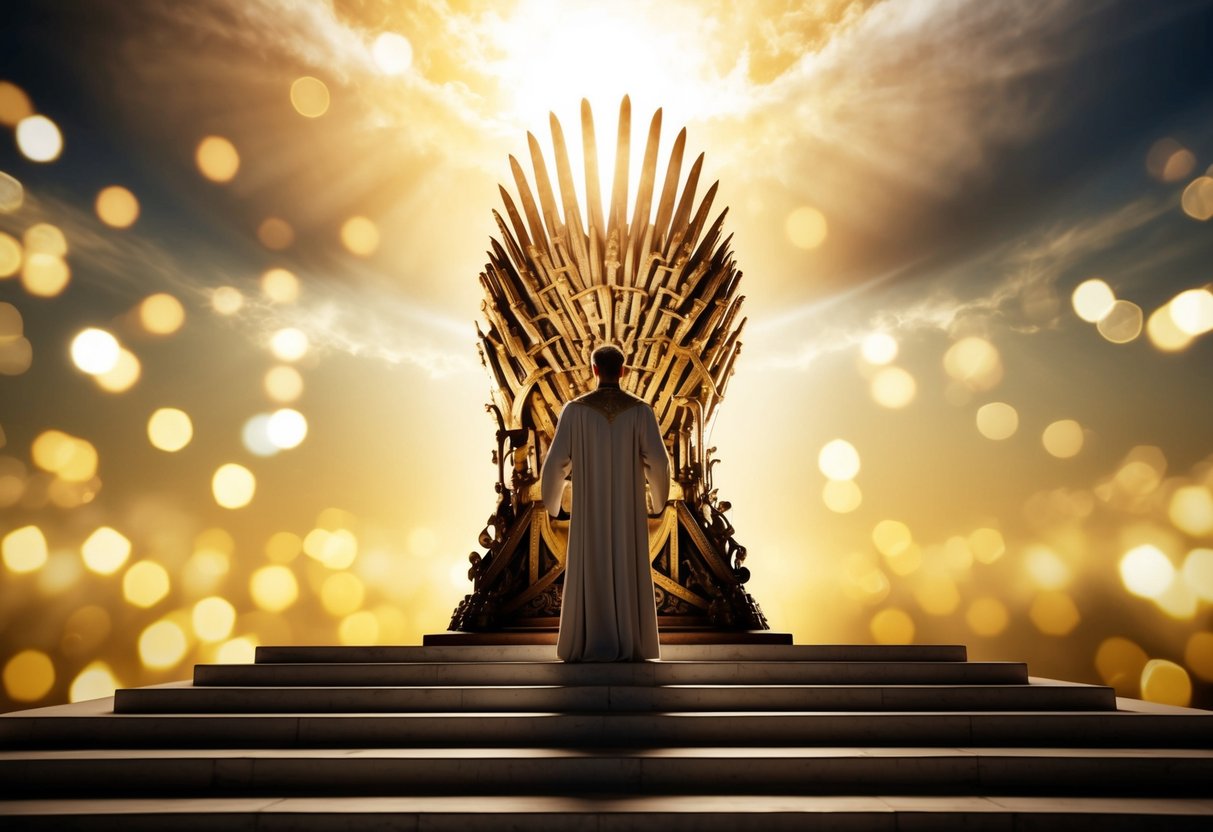 A majestic throne surrounded by golden light, with a figure standing in judgment before a heavenly court