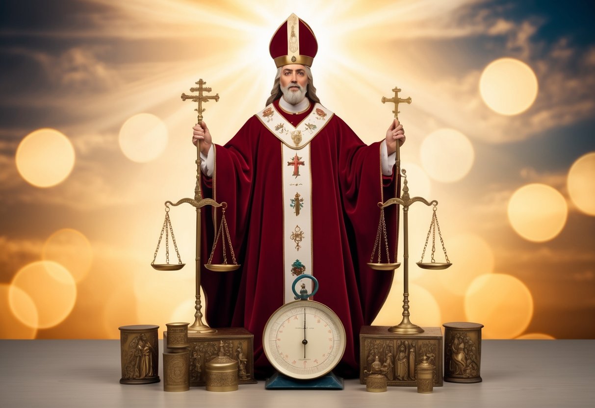 A regal figure surrounded by religious symbols and a scale, with a heavenly glow above