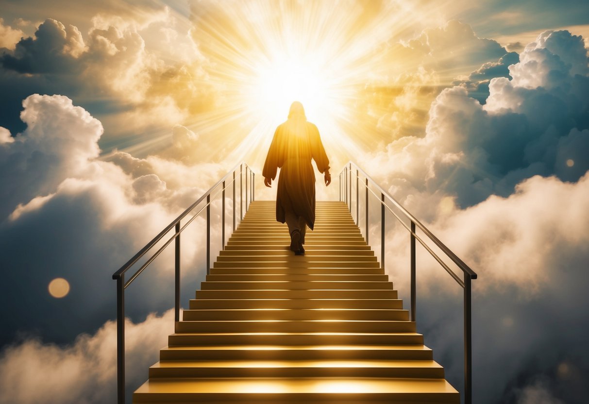 Isaac ascends a golden staircase into a heavenly realm filled with radiant light and billowing clouds