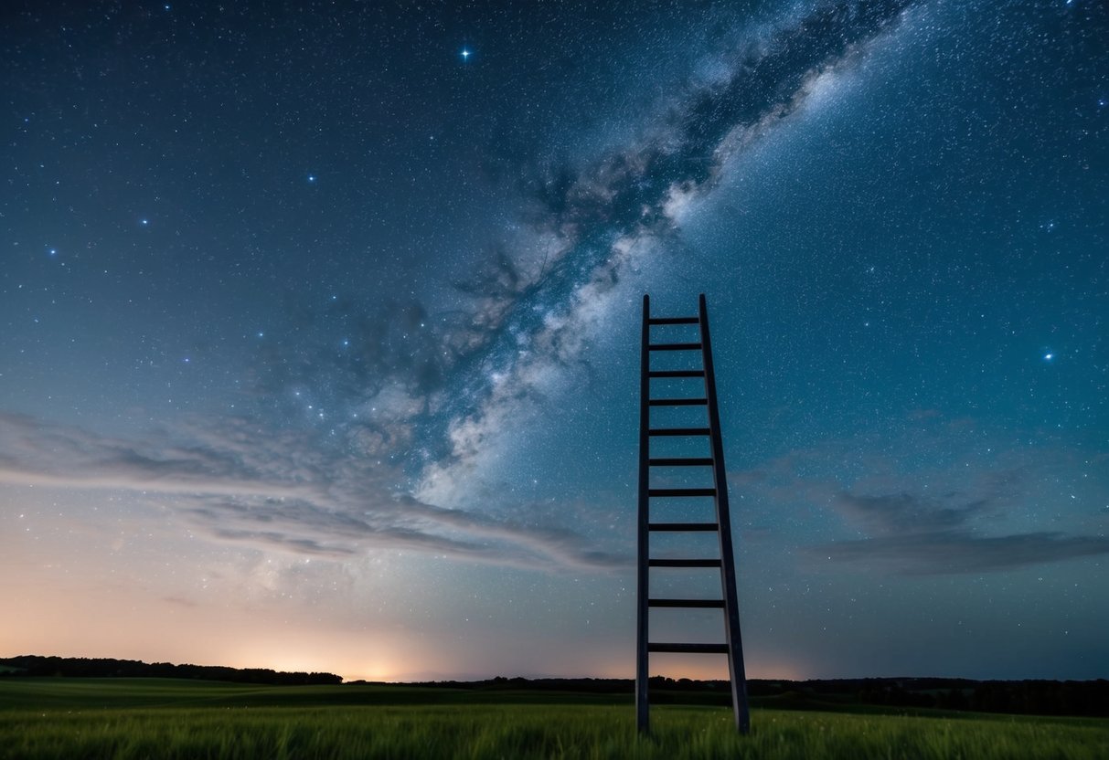 A serene landscape with a starry sky above and a ladder reaching up towards the heavens