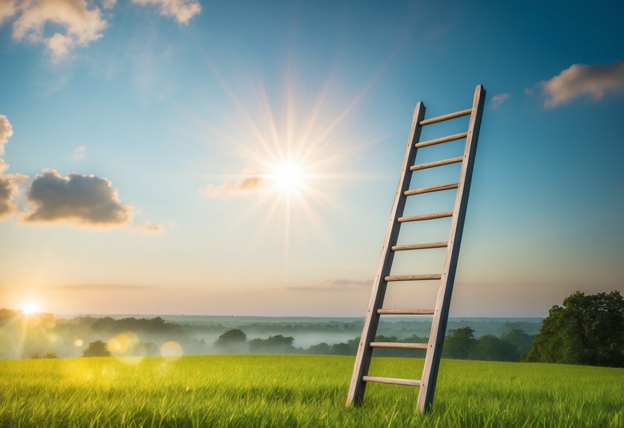 A serene landscape with a ladder reaching up to a heavenly realm, symbolizing the theological significance of Isaac's journey to heaven