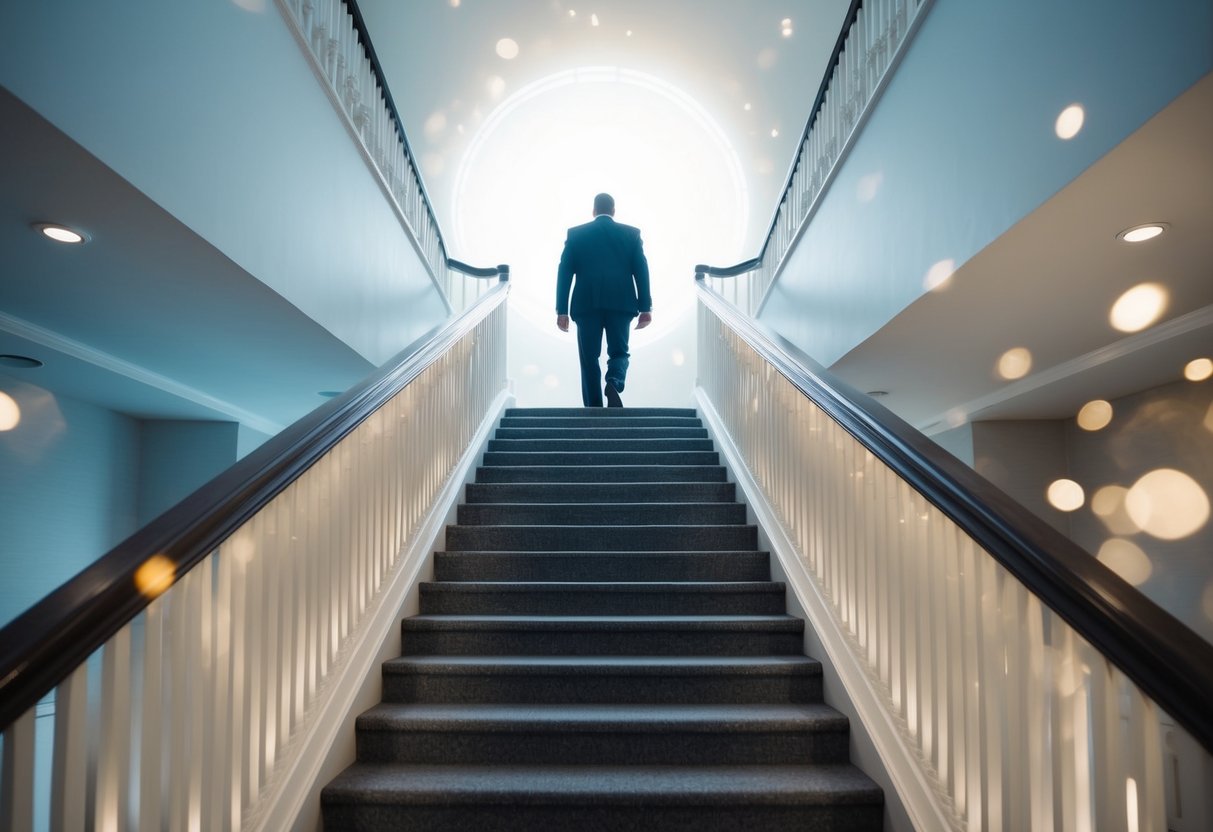 Isaiah ascending a staircase towards a bright, ethereal light