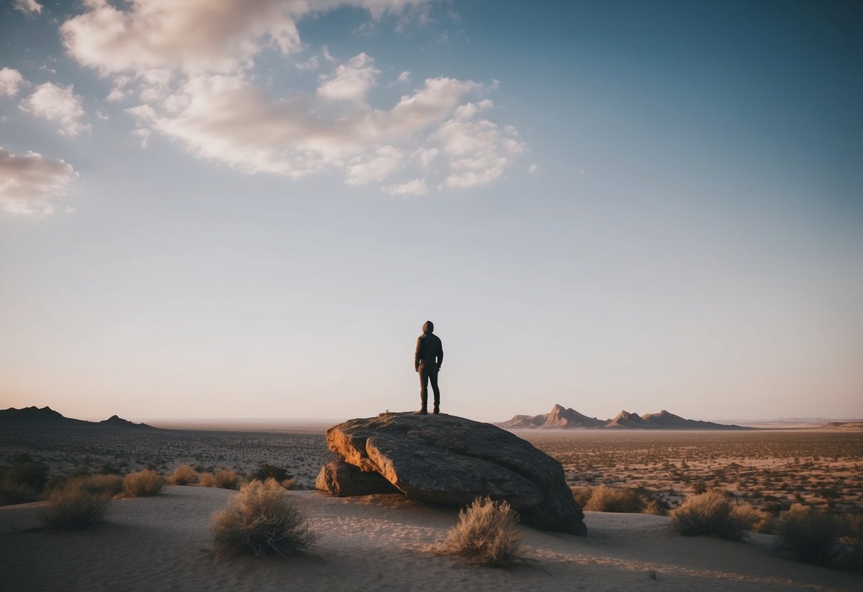 A desert landscape with a solitary figure standing on a rocky outcrop, gazing up at the sky