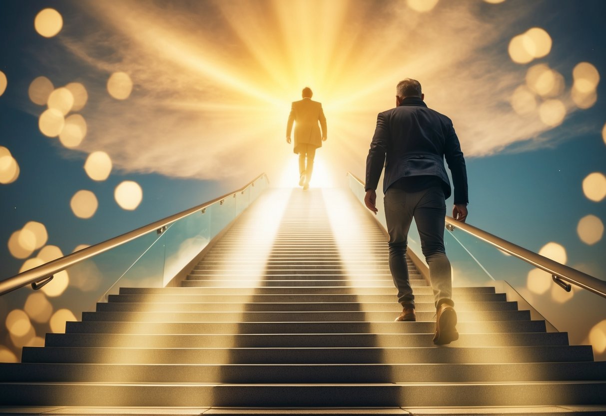 Ishmael ascending a staircase of light towards a glowing celestial realm