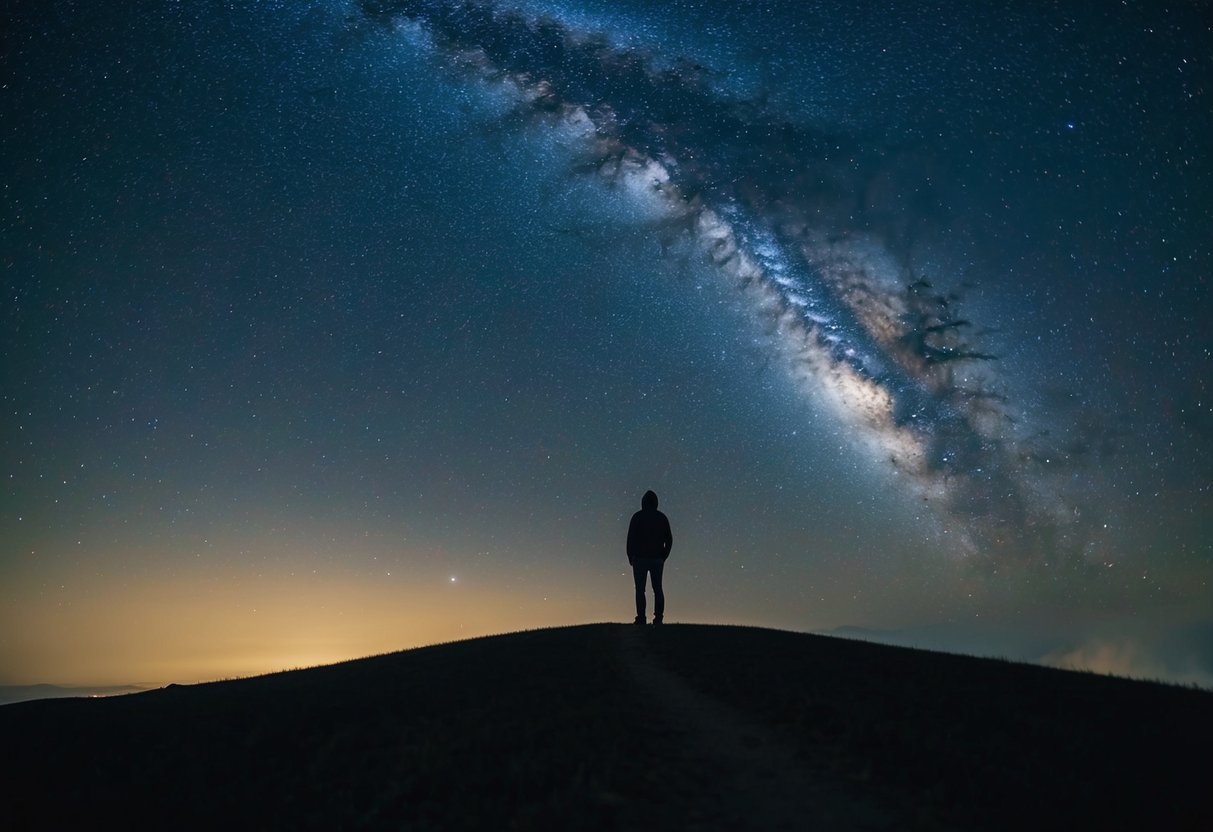 A serene, starry night sky with a lone figure standing on a hill, gazing upwards with a sense of wonder and contemplation