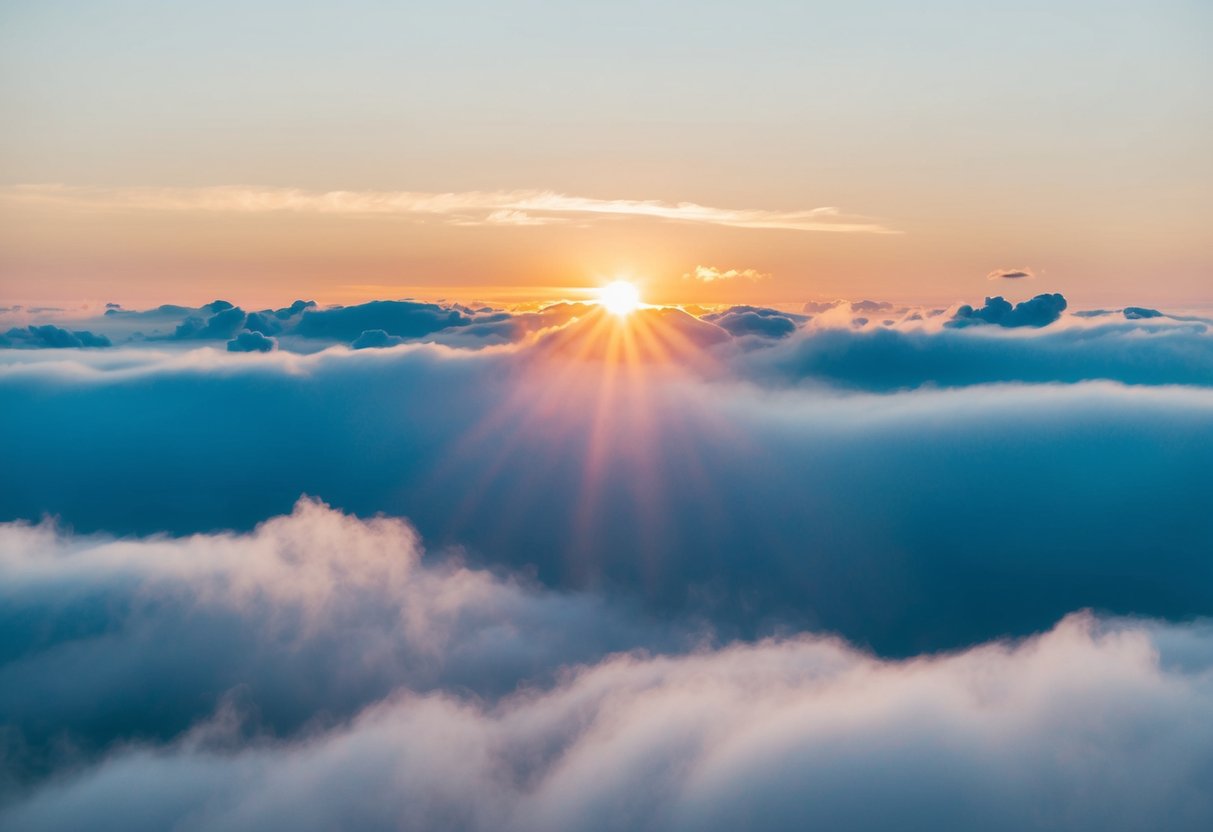 A serene, celestial landscape with soft clouds, golden light, and a peaceful atmosphere