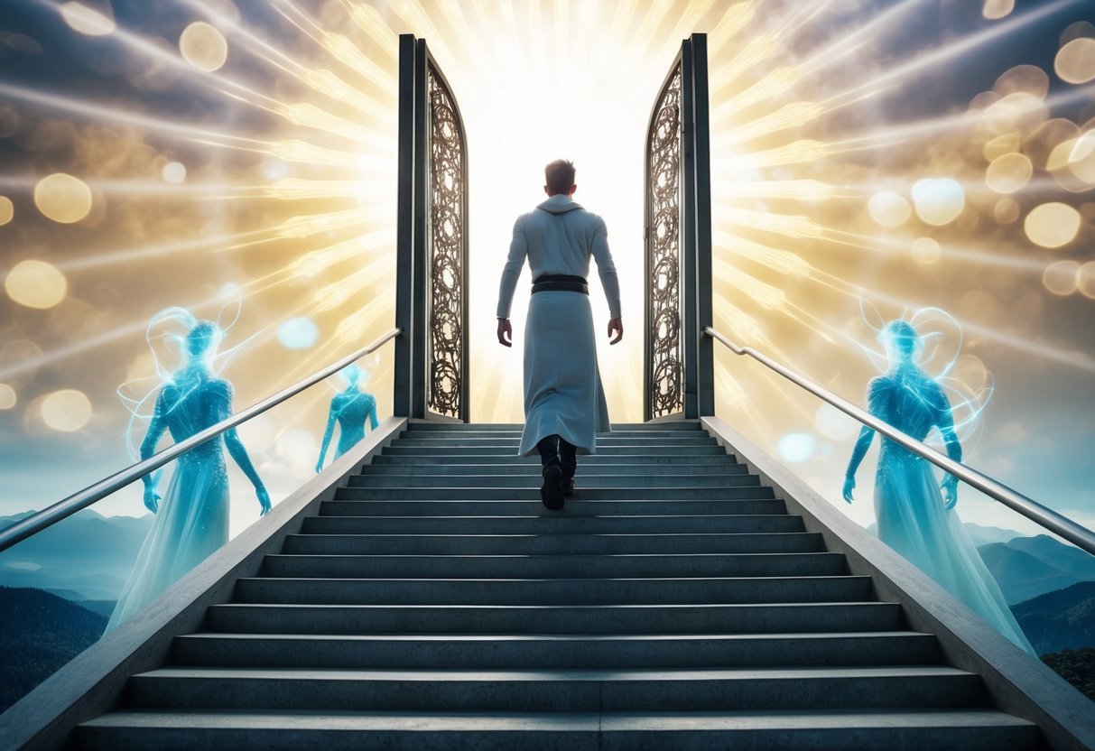 A figure ascending a staircase towards a celestial gate, surrounded by radiant light and ethereal beings