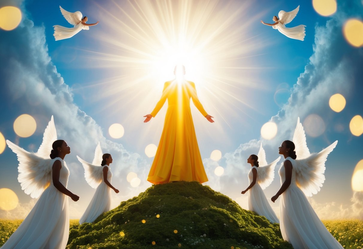 A radiant figure ascending towards a celestial realm, surrounded by angelic beings and divine light