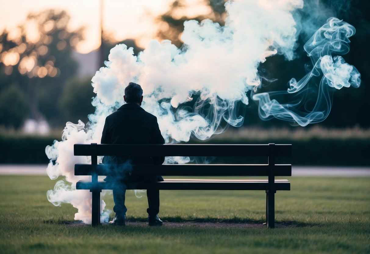 A figure sits alone on a bench, surrounded by swirling smoke and a sense of contemplation