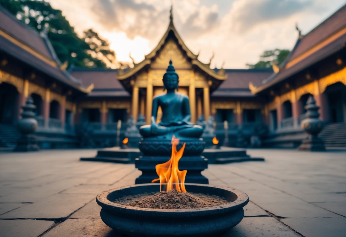 A serene temple courtyard with incense burning in front of a statue of a deity