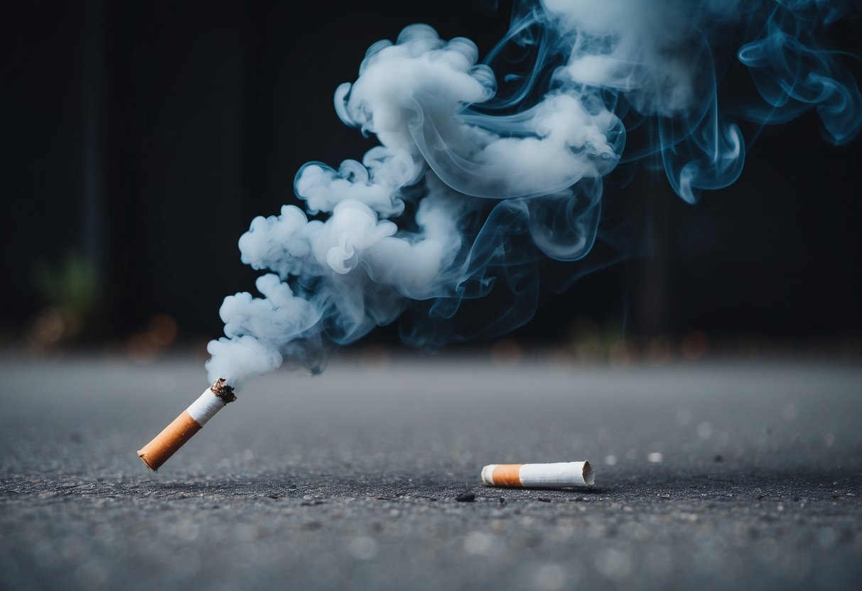 A dark, ominous cloud of smoke billowing from a discarded cigarette butt on the ground