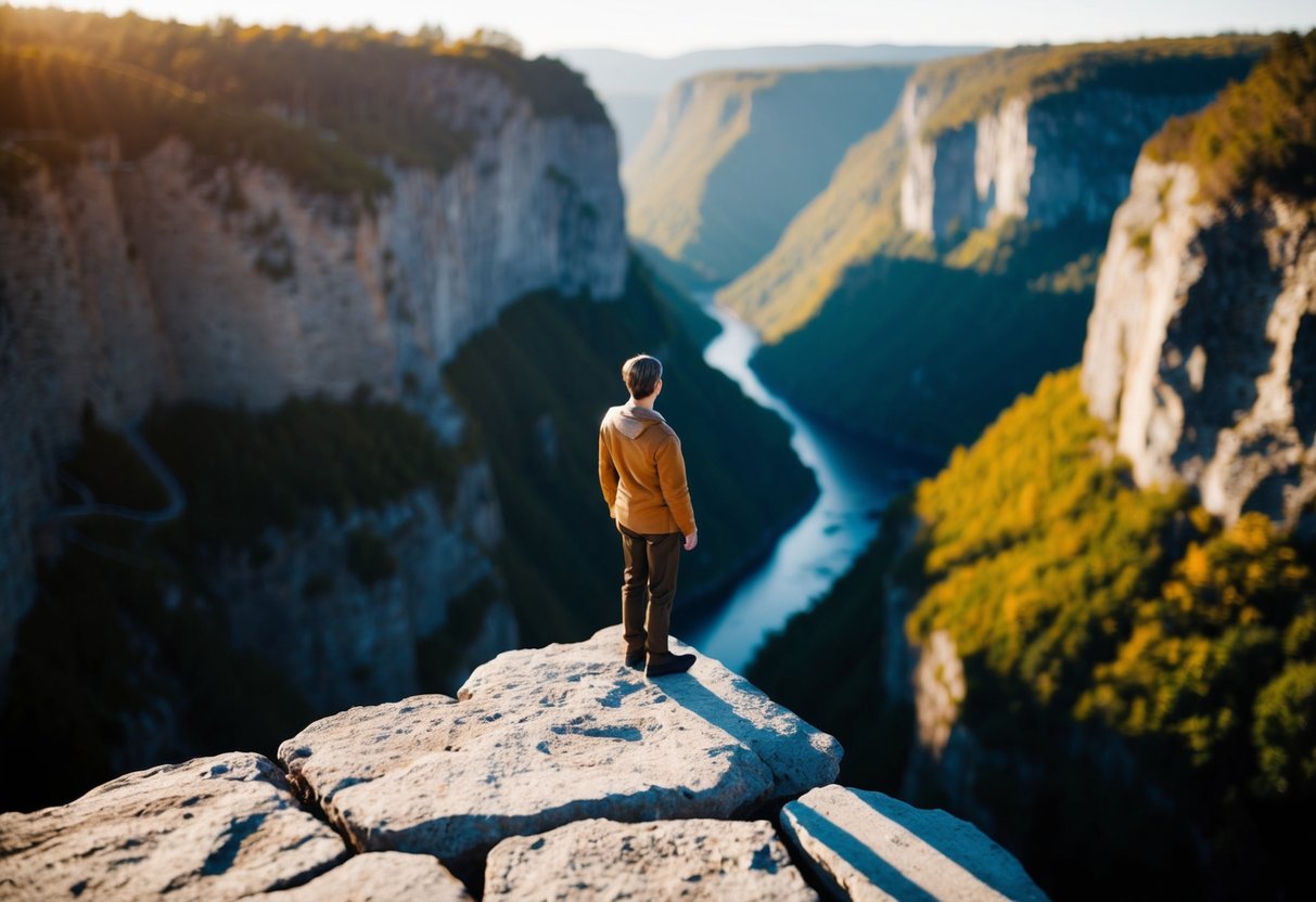 A figure standing on a ledge, looking down at a deep chasm below