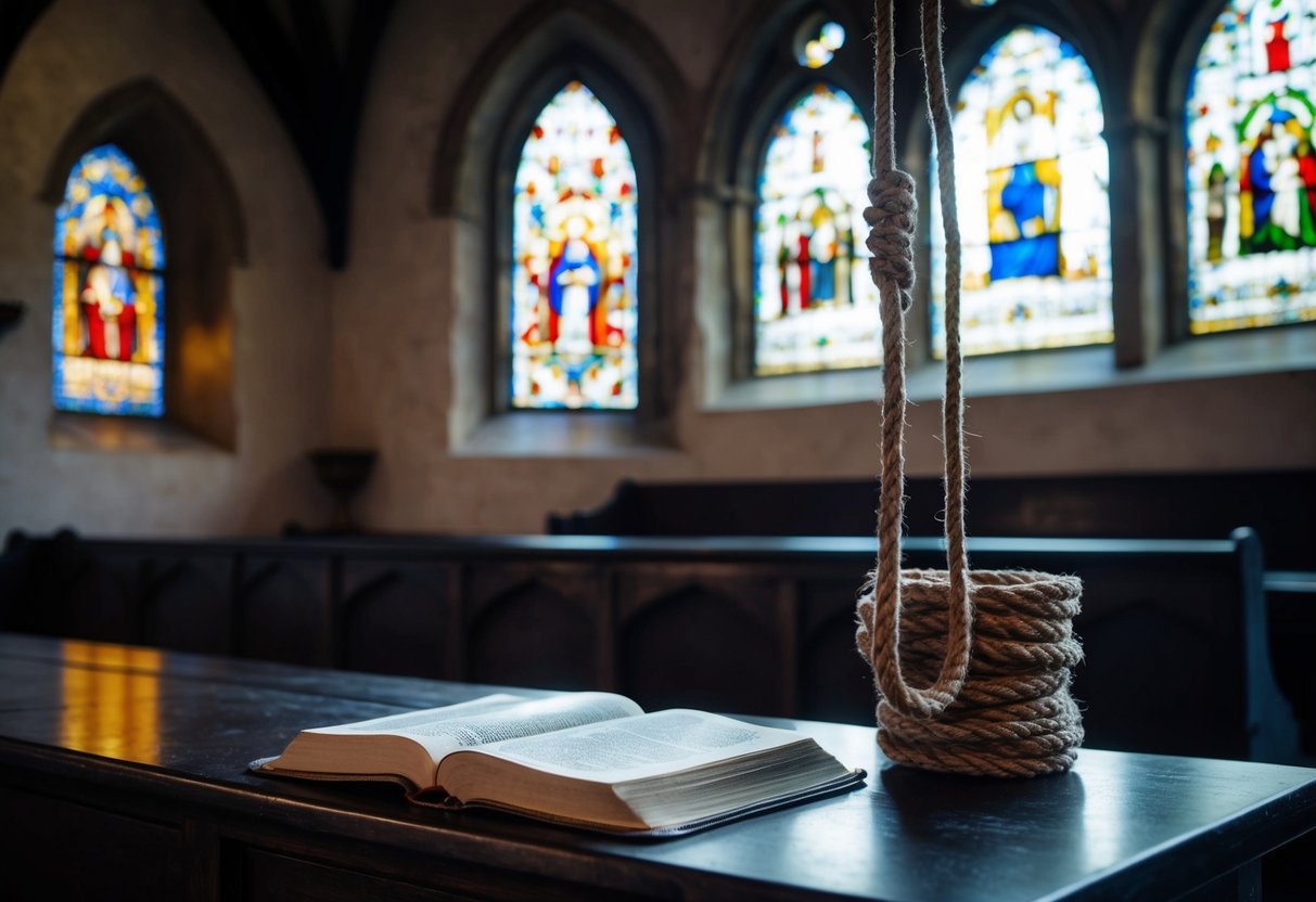 A medieval church with stained glass windows, a Bible, and a noose hanging from the rafters