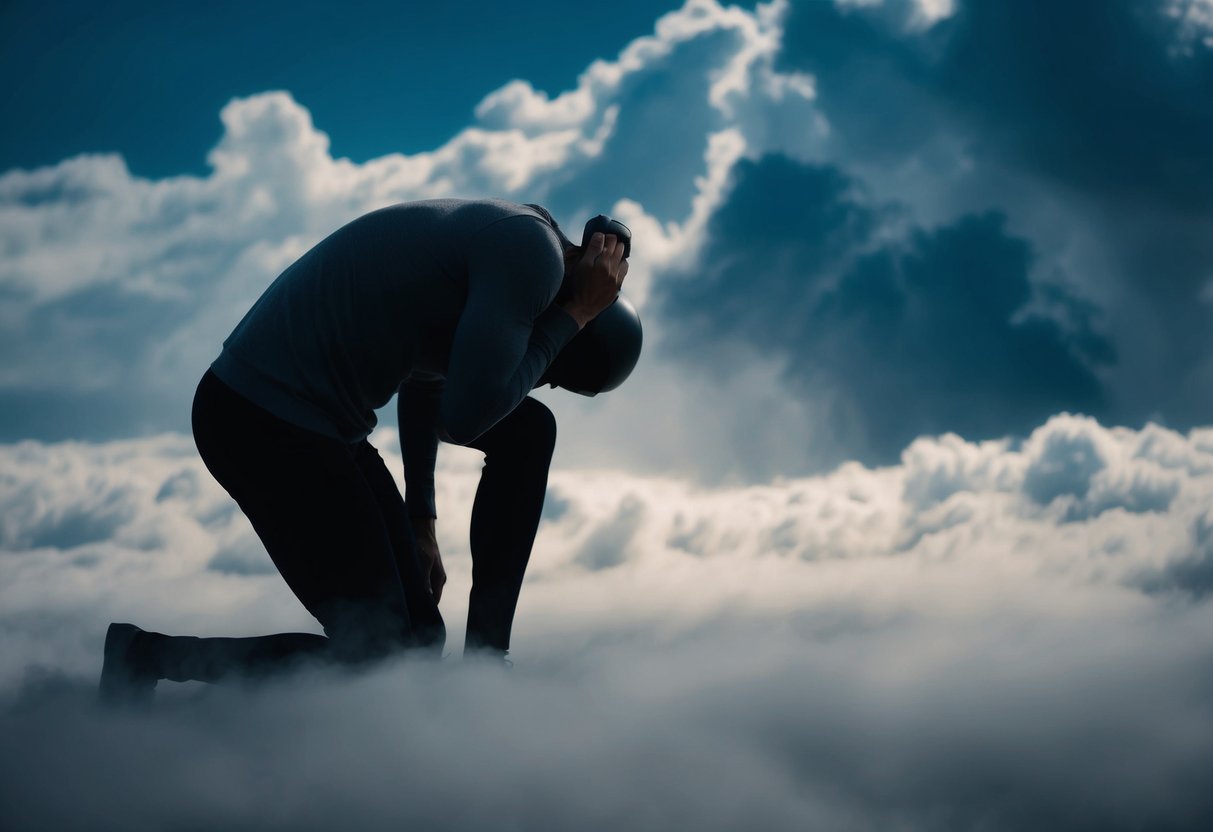 A dark figure hunched over, surrounded by heavy clouds, with a weight pressing down on their shoulders