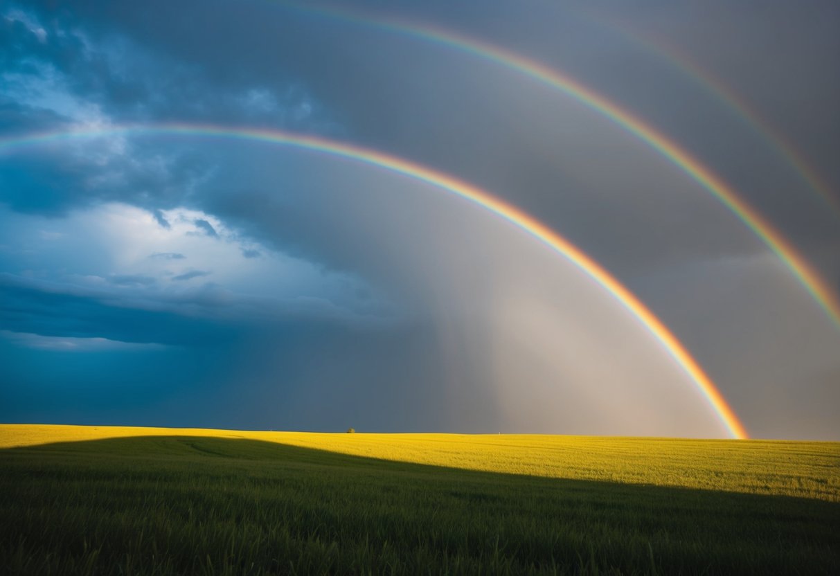 A rainbow arches over a stormy sky, symbolizing God's covenant with humanity