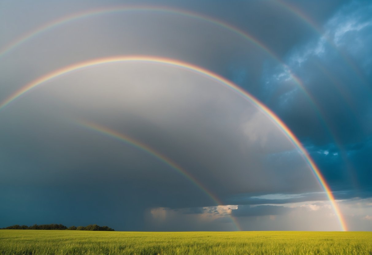 A vibrant rainbow arches over a stormy sky, symbolizing hope and mercy in the biblical context