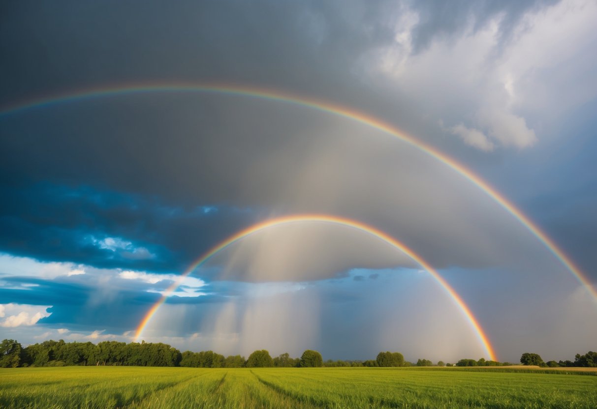 A rainbow arches over a stormy sky, symbolizing God's covenant with humanity