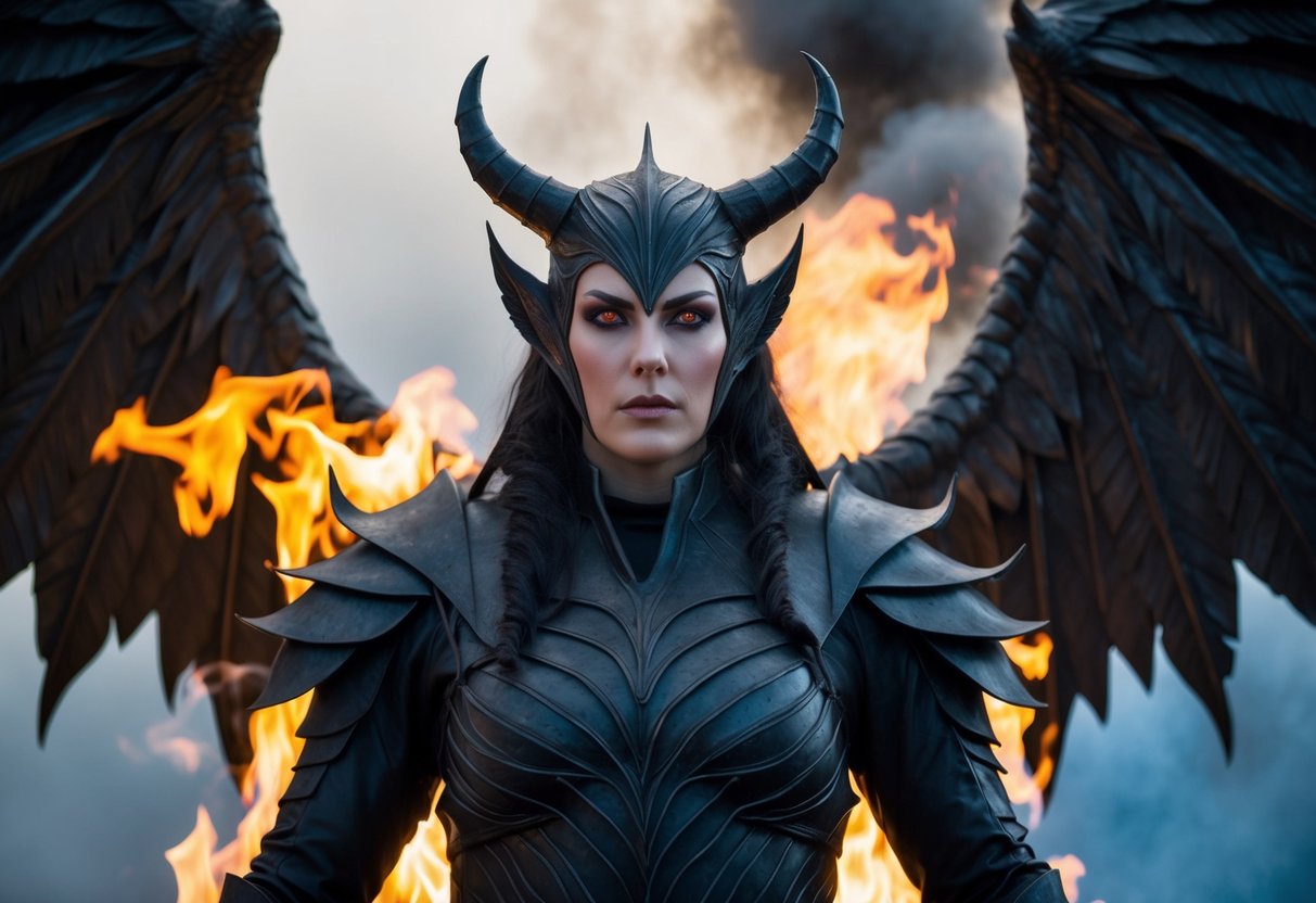 A towering figure with dark, leathery wings, sharp horns, and piercing red eyes, surrounded by flames and smoke