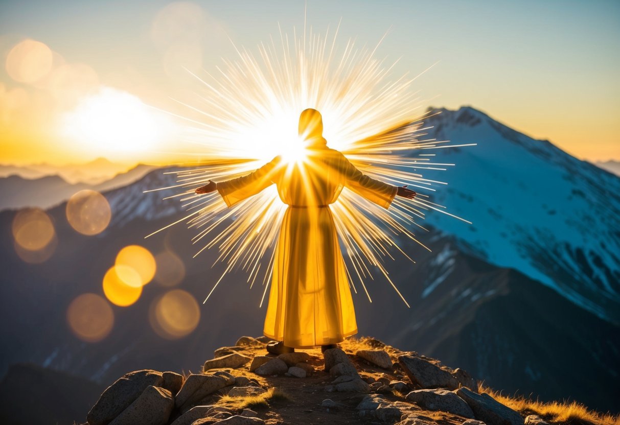 A radiant figure stands atop a mountain, surrounded by a golden halo, emanating light and warmth