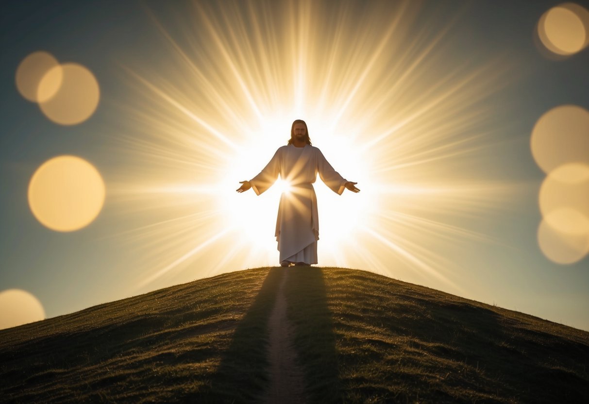 A radiant figure stands on a hill, surrounded by a glowing aura, symbolizing the meaning of the name Jesus in a biblical context