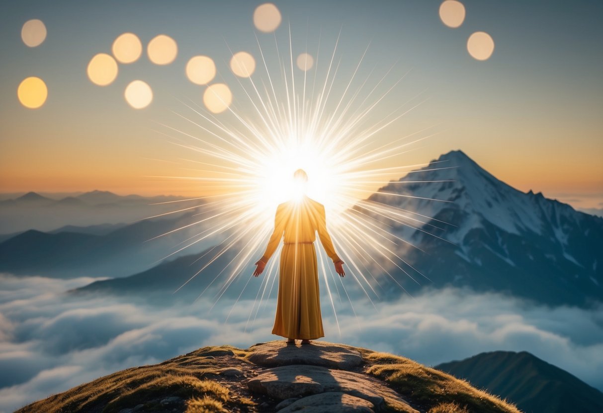A radiant figure stands on a mountain, surrounded by light and a sense of divinity, with a sense of peace and wisdom emanating from the scene
