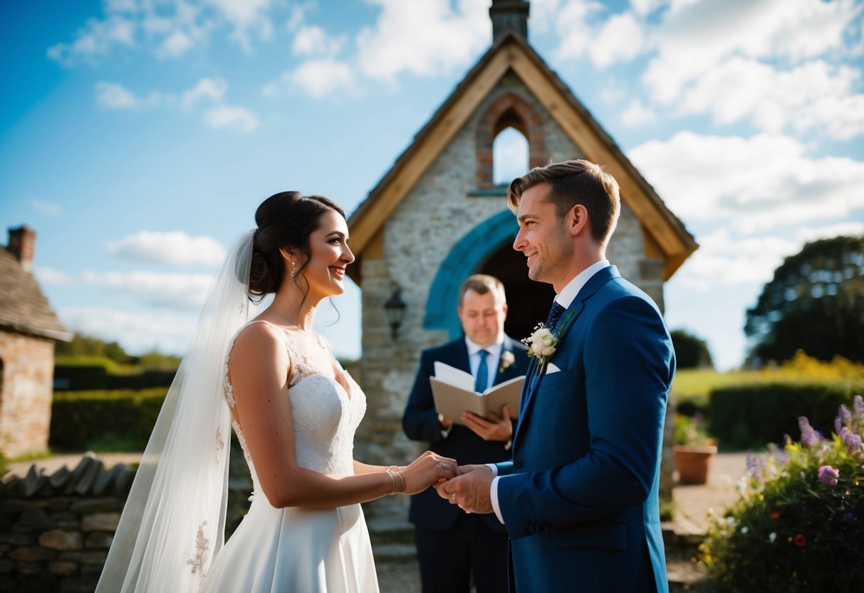 A young man and woman standing before a small village chapel, exchanging vows under a bright blue sky